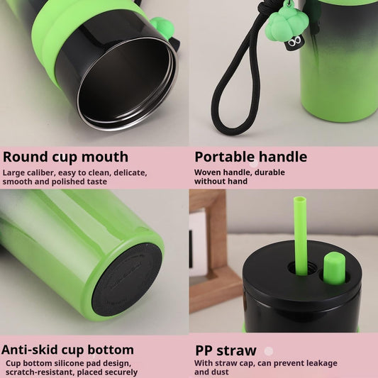 Gradient Stainless Steel Tumbler with Straw, Double Wall Insulated, Leakproof Design, Silicone Grip, Decorative Keychain