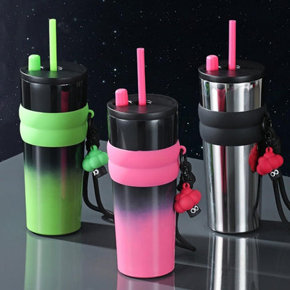Gradient Stainless Steel Tumbler with Straw, Double Wall Insulated, Leakproof Design, Silicone Grip, Decorative Keychain