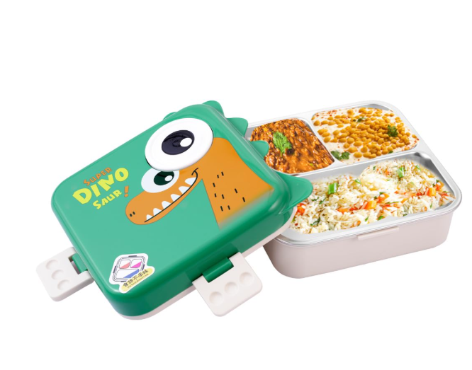 Carnival Super Dino Lunch Box 2 Layer Stainless Steel Lunch Box Comes with 1 Detachable Tray, 1 Small Container & 1 Spoon Ideal for Kids BPA Free 1120ml+70ml- Green