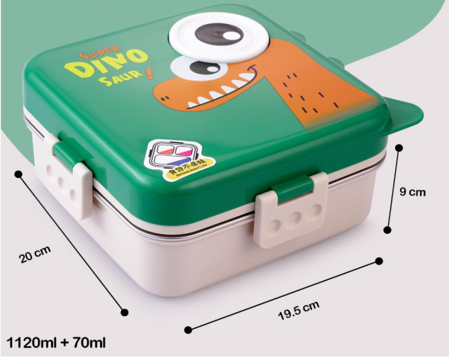 Carnival Super Dino Lunch Box 2 Layer Stainless Steel Lunch Box Comes with 1 Detachable Tray, 1 Small Container & 1 Spoon Ideal for Kids BPA Free 1120ml+70ml- Green