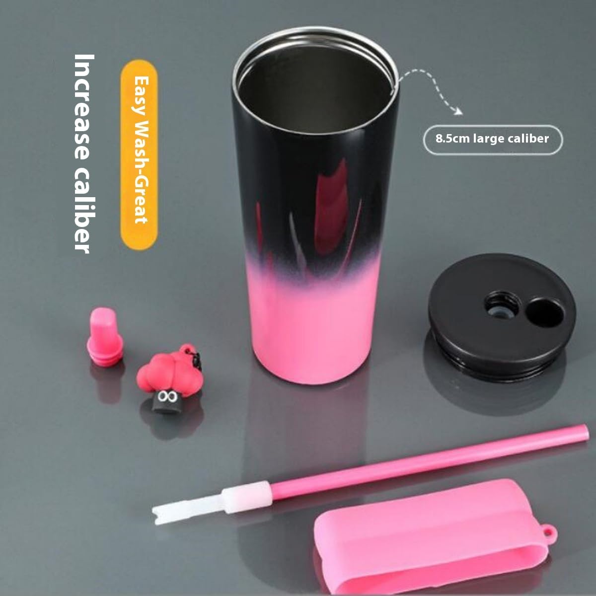 Gradient Stainless Steel Tumbler with Straw, Double Wall Insulated, Leakproof Design, Silicone Grip, Decorative Keychain