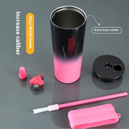 Gradient Stainless Steel Tumbler with Straw, Double Wall Insulated, Leakproof Design, Silicone Grip, Decorative Keychain