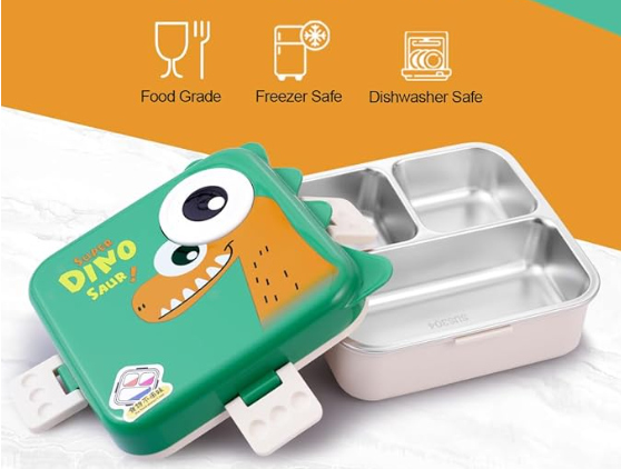 Carnival Super Dino Lunch Box 2 Layer Stainless Steel Lunch Box Comes with 1 Detachable Tray, 1 Small Container & 1 Spoon Ideal for Kids BPA Free 1120ml+70ml- Green
