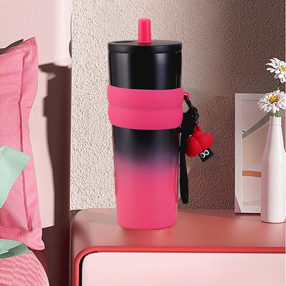 Gradient Stainless Steel Tumbler with Straw, Double Wall Insulated, Leakproof Design, Silicone Grip, Decorative Keychain