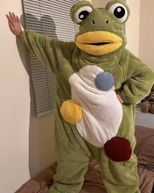 Green Frog Giggle Onesie with bright frog hood and colorful belly spots